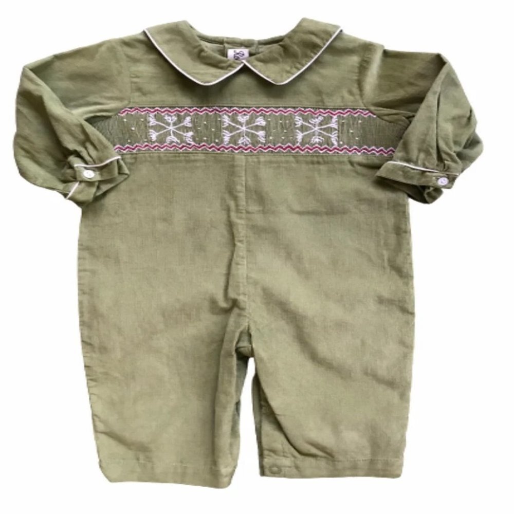 NWT Christmas Corduroy Smocked Snowflake Jon Jon Longall 1Piece Outfit